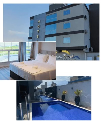 Fachada, quarto e piscina do Navega Praia Hotel